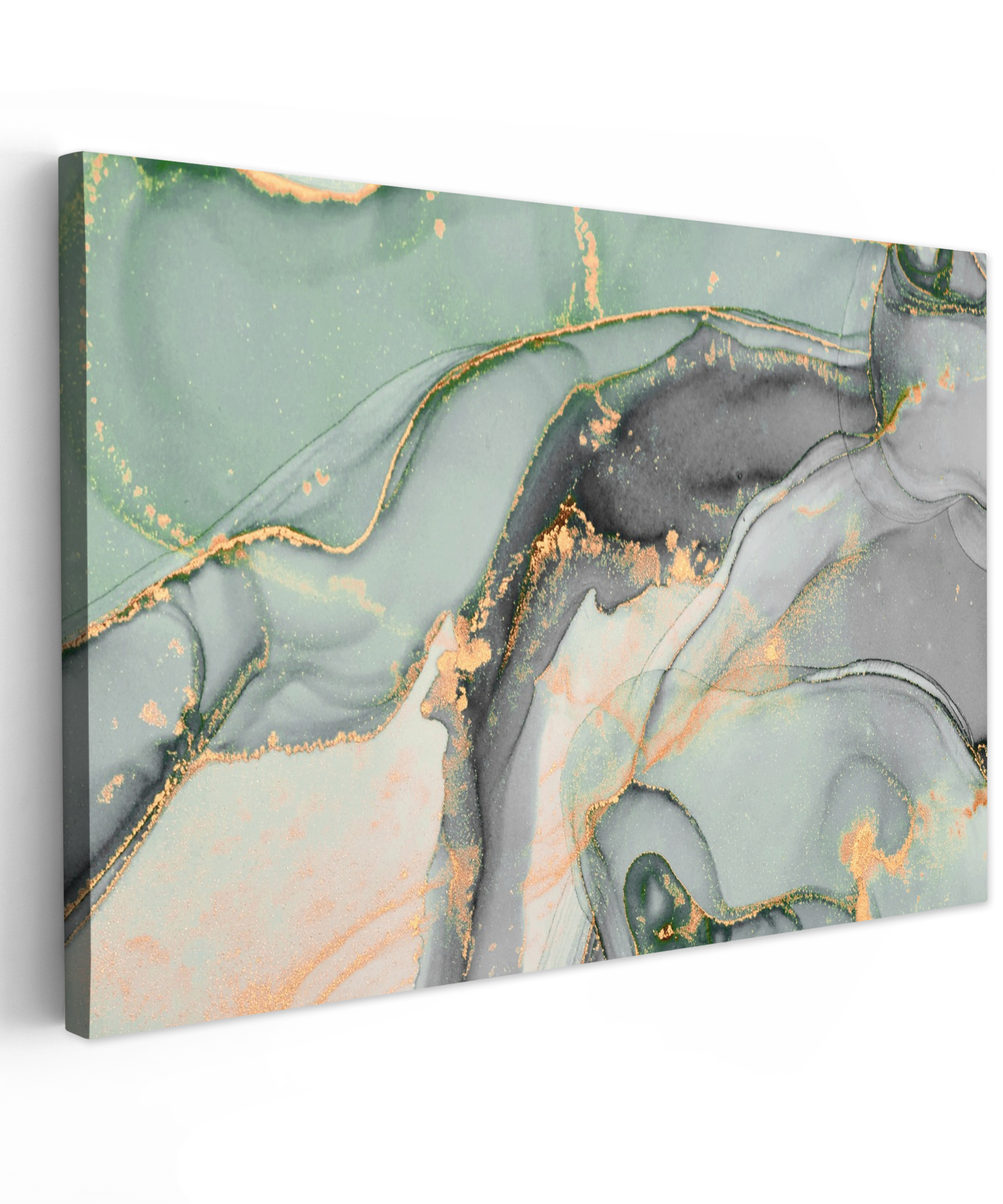 Tableau sur toile - Or - Marbre - Vert - Luxe - Paillettes - Aspect marbre